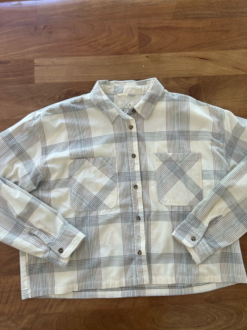 Thread & Supply Cream & Light Gray Corduroy Plaid Button-Up Boxy Shirt - Size L